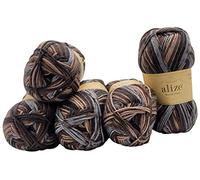 Ilkadim Export 5 x 100 Gramm Sockenwolle Alize Wooltime mehrfarbig, 75% Superwash Wolle, 500 Gramm Strickwolle für Stricksocken und Strümpfe (braun beige grau 11015), wt1