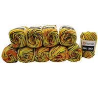 Ilkadim YarnArt Jeans Crazy Strickwollknäuel,10er-Packung, 50 g, aus 55 % Baumwolle, 500 g Wolle mit mehrfarbigem Farbverlauf (Terrakotta, Gelb, Kiwi, Grau 7201)