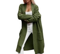 Imily Bela Damen Strickjacke mit Taschen Lang Grobstrick Cardigan Herbst Strickmantel Winter Open Front Pullover(Armeegrün, M)