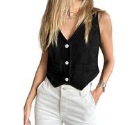 Imily Bela Jean Weste Damen Sommer Ärmellose V-Ausschnitt,Sexy,Knopfleiste,Elegant Denim Jeansweste Lässig Outdoor Tops Streetwear(Schwarz,XL)