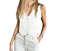 Imily Bela Jean Weste Damen Sommer Ärmellose V-Ausschnitt,Sexy,Knopfleiste,Elegant Denim Jeansweste Lässig Outdoor Tops Streetwear(Weiß,XL)