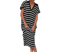 Imily Bela Pulloverkleid Damen Kurzarm Gestreiftes Sommerkleid Elegant Sexy Schlitz V-Ausschnitt Pullikleid Winterkleid Sweater lockeres Pulli