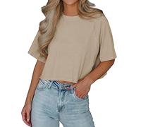 Imily Bela T-Shirt Damen Sommer Kurzarm Basic Crop Tops Casual Oversize Sport Oberteile(Khaki,S)