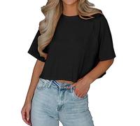 Imily Bela T-Shirt Damen Sommer Kurzarm Basic Crop Tops Casual Oversize Sport Oberteile(Schwarz,L)