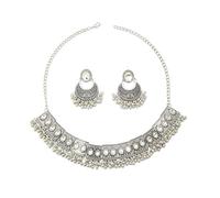 IMINI Moon Faux Pearl CZ Perlen Quaste baumelnde Ohrringe & Choker Set für Frauen Antik Versilbert Boho Bollywood Schmuck Rechteck Anhänger Halskette Vintage Ethno Festival Hochzeit Geschenk