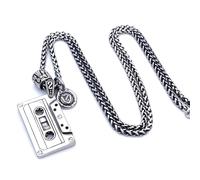 IMINI Retro Kassettenanhänger Halskette für Männer Frauen, 60 cm Edelstahlkette mit Zylinderscheibe Charm, Vintage Punk Hip Hop Street Style Schmuck Geschenk