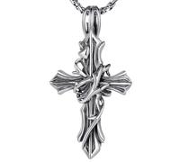 IMINI Vintage Dorn-Kreuz-Halskette, oxidiertes versilbertes Kupfer Anhänger an 60 cm Edelstahlkette - Punk Kruzifix Charm, religiöser Schmuck für Männer Frauen