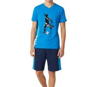 In One Clothing - Jungen Schlafanzug kurz, weicher Single-Jersey aus 100% Baumwolle, mit Motivdruck und Hose in Bermuda Form - Fussball Motiv in blau - Grösse 164