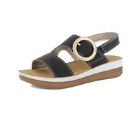 inblu Damen Sandali Donna Con Doppia Chiusura Strappo E Fibbia Tonda Dorata, Plantare In Pelle Sandale, Schwarz, 38 EU