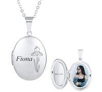 INBLUE Personalisierte Medaillon Halskette für Frauen Gravierte Geburt Blume & Name Edelstahl Rund/Herz/Oval Medaillon Halskette mit Bild/Text Schmuck Geschenk für Frauen Freundin (Oval - Silber)