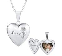 INBLUE Personalisierte Medaillon Halskette für Frauen Gravierte Geburt Blume & Name Edelstahl Rund/Herz/Oval Medaillon Halskette mit Bild/Text Schmuck Geschenk für Frauen Freundin (Herz - Silber)