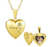 INBLUE Personalisierte Medaillon Halskette für Frauen Gravierte Geburt Blume & Name Edelstahl Rund/Herz/Oval Medaillon Halskette mit Bild/Text Schmuck Geschenk für Frauen Freundin (Herz - Gold)