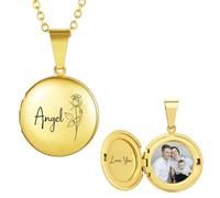 INBLUE Personalisierte Medaillon Halskette für Frauen Gravierte Geburt Blume & Name Edelstahl Rund/Herz/Oval Medaillon Halskette mit Bild/Text Schmuck Geschenk für Frauen Freundin (Rund - Gold)