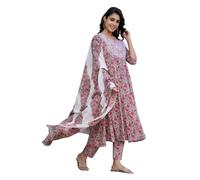 INDACORIFY Bedrucktes Kurti-Kleid aus Baumwolle mit Blumendruck und Hose, Dupatta-Set, Besticktes Anarkali-Salwar Kameez (DE/NL/SE/PL, Alphanumerisch, L, Regular, Regular, Gray)