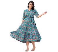 INDACORIFY Damen Sommerkleid, Ärmel Maxikleid Rundhalsausschnitt Lässig Fließend Stufenkleid mit Schöner Blume (DE/NL/SE/PL, Alphanumerisch, XXL, Regular, Regular, Turquoise)
