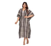 INDACORIFY Wunderschöner handbedruckter Kaftan aus Bio-Baumwolle für Strandkleidung, langes Kleid, bequemes Nachtwäschekleid (100% Bio-Baumwolle, Design- 02)