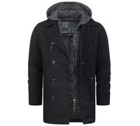 Indicode Herren Cliff Kurzmantel aus hochwertiger Wollmischung mit Stehkragen | kurzer Wollmantel moderner Herrenmantel Lange Jacke Wintermantel Zweireiher Mantel für Männer Black S