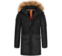 Indicode Herren Jarl Winterparka mit abnehmbarer Kunstfell-Kapuze und Stehkragen | warme dicke Winterjacke Black L
