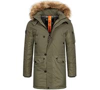 Indicode Herren Jarl Winterparka mit abnehmbarer Kunstfell-Kapuze und Stehkragen | warme dicke Winterjacke Army M