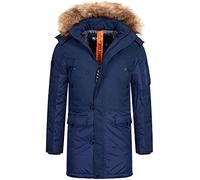 Indicode Herren Jarl Winterparka mit abnehmbarer Kunstfell-Kapuze und Stehkragen | warme dicke Winterjacke Navy XXL