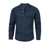 Indicode Herren Waylon Hemd mit V-Ausschnitt aus Leinen-Baumwolle Mischung | Herrenhemd für Männer Navy, S