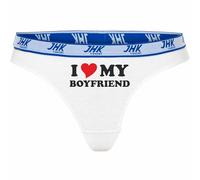 INDIGOS UG Slip Damen - weiß - S - vorn - I Love My Boyfriend - Fun Unterhose für Frau - Unterwäsche Thong - Party, Fußball, Geschenk, Freizeit
