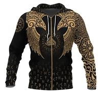 INDIRAN Herren Zip Up Hooded Sweatshirt Wikinger Symbol Tattoo Muster Print Hoodie Unisex Langarm Pullover Zip Cardigan mit Tasche