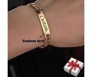 [Individualisiertes Armband] Klassisches Retro-Edelstahl-Ketten-Armband in Bogenform mit Markenlogo, individuell gravierbares Namensarmband, personali