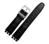 INEOUT 17-mm-19-mm-Armband, Kompatibel Mit Swatch-Band, Echtes Kalbsleder-Uhrenarmband, Schwarz, Braun, Weiß, Wasserdicht (Color : Black silver buckle, Size : 17mm)