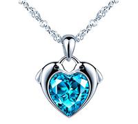 INFINIONLY 925 Silber Damen Herz Meerblau Zircon Halskette Ketten, Delphin Glänzender Stein Ketten Anhänger, 45cm Kette, Schmuck für Frauen