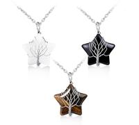 INFINIONLY Handgewebter Baum des Lebens mit Stern Halskette Anhänger Kreativer Weißer Kristall/Obsidian/Tigerauge Ketten und Edelstahl Kette Fashion Damen Herren Körperketten, 3 Stück Set