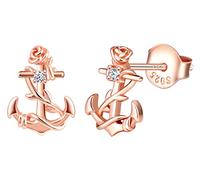 INFINIONLY Ohrringe anker für Damen und Mädchen, 925 Silber Ohrringe Ohrstecker, Anker Ohrringe verflochten mit Rosen, eingelegter glänzender zirkon, Rose gold