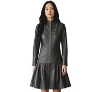 Infinity Leather Schwarzer Gothic-Ledermantel im viktorianischen, nietenbesetzten Edwardianischen Stil für Damen