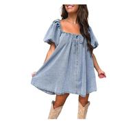 INFJMH Damen -Denim -Kleiderkleid quadratische Nackenblasenhülle Mini Babydoll Kleid mit Taschen