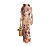 INFJMH Frauen 3D Blumensticke Langes Kleid Elegantes Kurzarm Fischschwanz Spitzenkörperparty Cocktailkleid