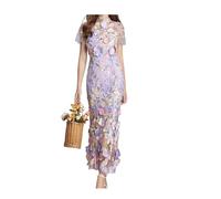 INFJMH Frauen 3D Blumensticke Langes Kleid Elegantes Kurzarm Fischschwanz Spitzenkörperparty Cocktailkleid