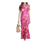 INFJMH Frauen 3D Blumensticke Langes Kleid Elegantes Kurzarm Fischschwanz Spitzenkörperparty Cocktailkleid