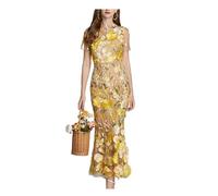 INFJMH Frauen 3D Blumensticke Langes Kleid Elegantes Kurzarm Fischschwanz Spitzenkörperparty Cocktailkleid