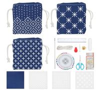INFUNLY 3 Set Sashiko Kordelzug Kit - DIY Einkaufstasche mit Blume Stoff, Draht und Nadeln - Hand Nähen Kit für Anfänger und Erwachsene, Schwarz