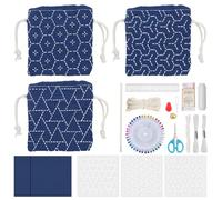 INFUNLY 3 Set Sashiko Stickerei Set Drawstring Bag 50x50cm Baumwolle Leinen DIY Sashiko Set Mit Wiederverwendbaren PET Schablonen Handnähen Set Erwachsene Sashiko Starter Set Dunkelblau