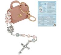 INFUNLY 3 Stück Mini Schlüsselanhänger Geldbörsen Set 4x7 cm Pink PU Leder Kosmetiktasche mit Rosenkranz Kette Kleine Kopfhörer Aufbewahrungstasche für Frauen Katholische Kommunion Geschenke