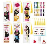 INFUNLY 6 Stk Geburtstags Katzen Kreuzstich Lesezeichen 3x8.5 Vorgedrucktes Kreuzstich Kit Mit Grußwort Stickerei Lesezeichen Set Geburtstags Counted Cross Stitch Kit für Leser Bastelgeschenk