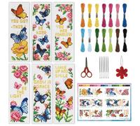 INFUNLY 6 Stk Schmetterling Zitate Kreuzstich Lesezeichen Set DIY Stickstarter Set 7.6x21.6 cm Baumwolle Leinen Vorbedruckter Stoff Rückseite Filz Nadeln Fädeln Anleitungen für Buchliebhaber