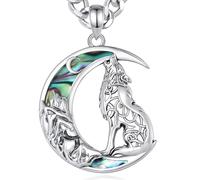 INFUSEU Keltische Wolfs Kette, 925 Sterling Silber Mond Abalone Muschel Anhänger Keltischer Knoten Schmuck für Frauen Tierliebhaber Geist Anhänger Talisman Schmuck Geschenke für Frauen Her