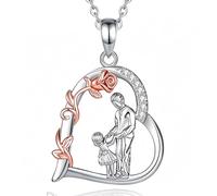 INFUSEU Muttertagsgeschenk für Mama von Tochter Sohn Herz Halskette mit Rose Eltern Kind Figur als Symbol für Familie Liebe in Silber Roségold Schmuck zum Muttertag