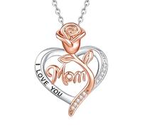 INFUSEU Muttertagsgeschenk Mama Halskette Herz Anhänger mit Rose und Mom Schriftzug Damen Kette Roségold Silber Geschenk für Mutter Frau