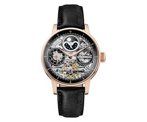 Ingersoll The Jazz 42 mm Automatik-Mondphasenuhr für Herren mit Roségold Skeleton-Zifferblatt und Schwarzes Echtlederarmband I07705