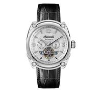 Ingersoll The Michigan Herren-Automatikuhr, 45 mm, mit silbernem Open-Heart-Zifferblatt und schwarzem Echtlederarmband I01105