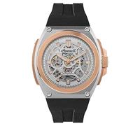 Ingersoll The Motion Herren-Automatikuhr, 50 mm, mit silbernem Skeleton-Zifferblatt und schwarzem PU-Gummiarmband I11703