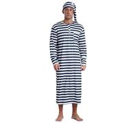 inhzoy Herren Schlafanzug Mit Schlafmütze Streifen Muster Nachthemd Langarm Mit Knopfleiste Brusttasche Lang Party Weihnachten Pyjama Set Marineblau L